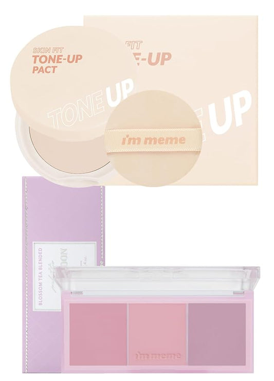 I'M MEME Fair-Light Setting Powder - Tone Up Pact with Puff, 0.35 Oz + Palette - Afternoon Tea Blusher Blossom Tea Blended, 0.4 Oz Bundle