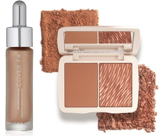 COVER FX Monochromatic Bronzer Duo, Suntan Bronze, and Custom Bronzer Drops, Glided Glow