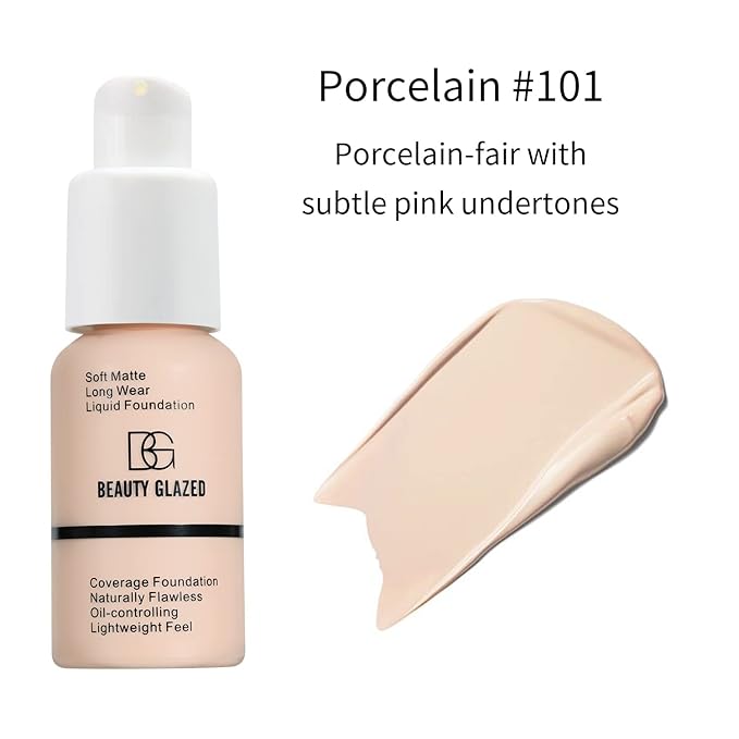 Beauty Glazed Soft Matte Silky Full Coverage Liquid Foundation - Multi-Use Buildable Foundation with Lightweight Feel, Oil Control and Longwear for Naturally Flawless Coverage (101 Porcelain)