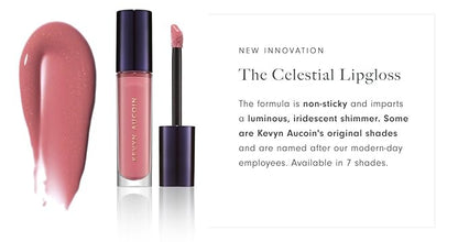 Kevyn Aucoin Celestial Lip Gloss, Savanna (iridescent dusty peach): Light reflecting shine & sheer. Precision makeup artist applicator. Hydrating and not-sticky. Multi-dimensional 3D plumping effect.