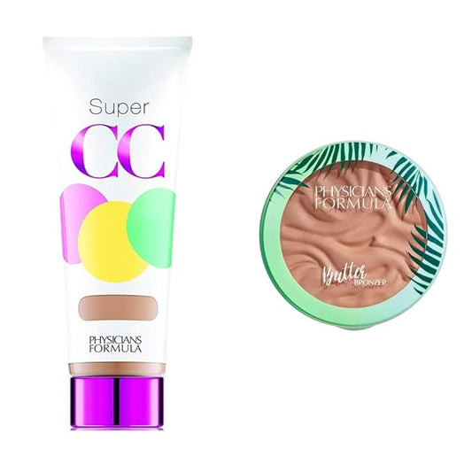 Physicians Formula Super CC Color-Correction + Care CC Cream, Light/Medium 1.2 Ounces, SPF 30 with Murumuru Butter Bronzer, 0.38 Ounce