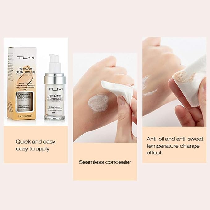 TLM Foundation Color Changing, Flawless Color Warm Complexion Foundation 4 in 1 Contains SPF 50 Full Coverage Concealer. 30 ML