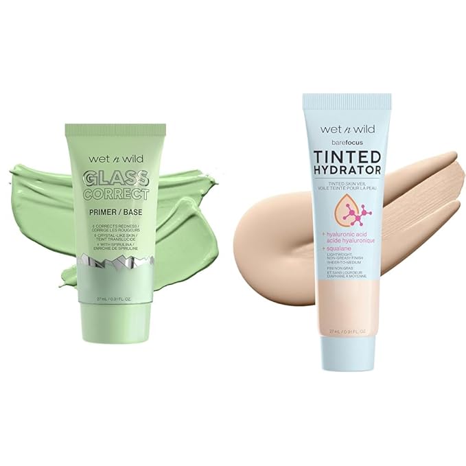 wet n wild Prime Focus Glass Skin Correct Primer Bright Crystal Finish Green 0.91 Fl Oz & Bare Focus Tinted Hydrator Light Medium Oil-Free Moisturizing Makeup