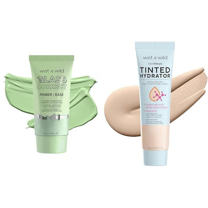 wet n wild Prime Focus Glass Skin Correct Primer Bright Crystal Finish Green 0.91 Fl Oz & Bare Focus Tinted Hydrator Light Medium Oil-Free Moisturizing Makeup