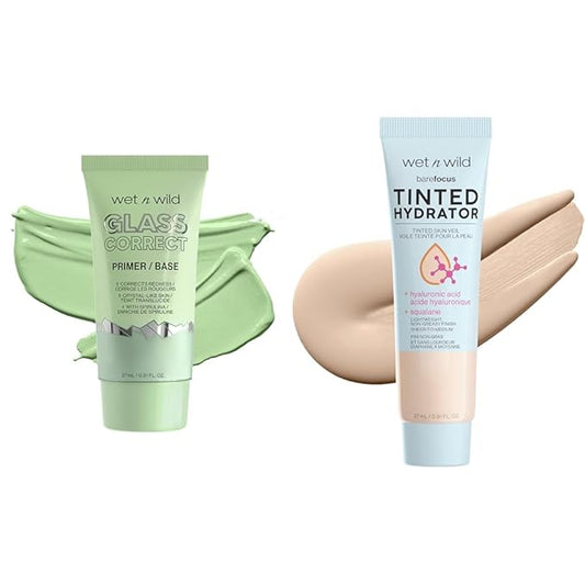 wet n wild Prime Focus Glass Skin Correct Primer Bright Crystal Finish Green 0.91 Fl Oz & Bare Focus Tinted Hydrator Light Medium Oil-Free Moisturizing Makeup