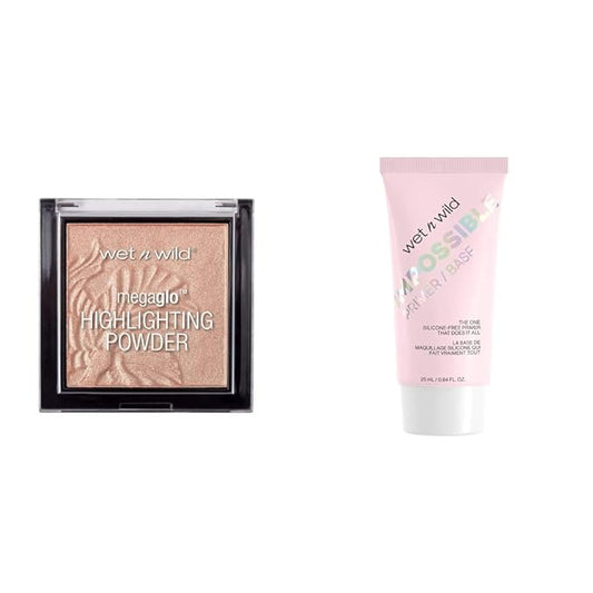 wet n wild MegaGlo Highlighting Powder, Precious Petals + Wet n Wild Prime Focus Impossible Primer Hydrating Matte Finish, Clear, 0.84 Fl Oz