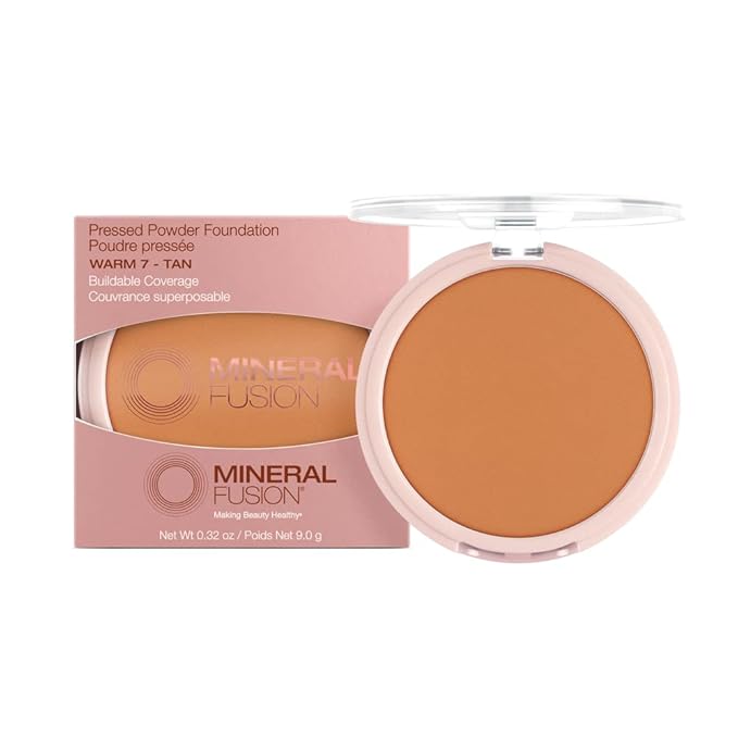 Mineral Fusion Pressed Powder Foundation, Warm 7 - Dark Tan Skin w/Orange Undertones, Age Defying Foundation Makeup with Matte Finish, Talc Free Face Powder, Hypoallergenic, Cruelty-Free, 0.32 Oz