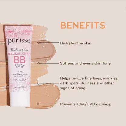 pūrlisse Radiant Glow Illuminating BB Cream with SPF 30 - Glow BB Cream Enriched with Goji & Hawthorn Berry for Dewy Skin - Helps to Improve Skin Texture & Radiance - Light Medium (1.4 oz)