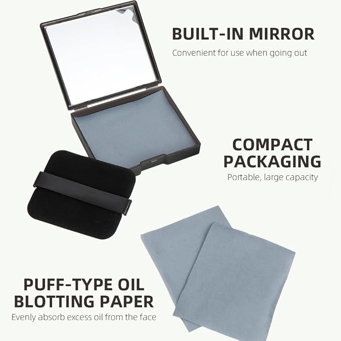 Oil Blotting Sheets - 300 PCS Face Oil Absorbing Sheets Natural Oil Control Film for Oily Skin with Mirror and Puff -Black