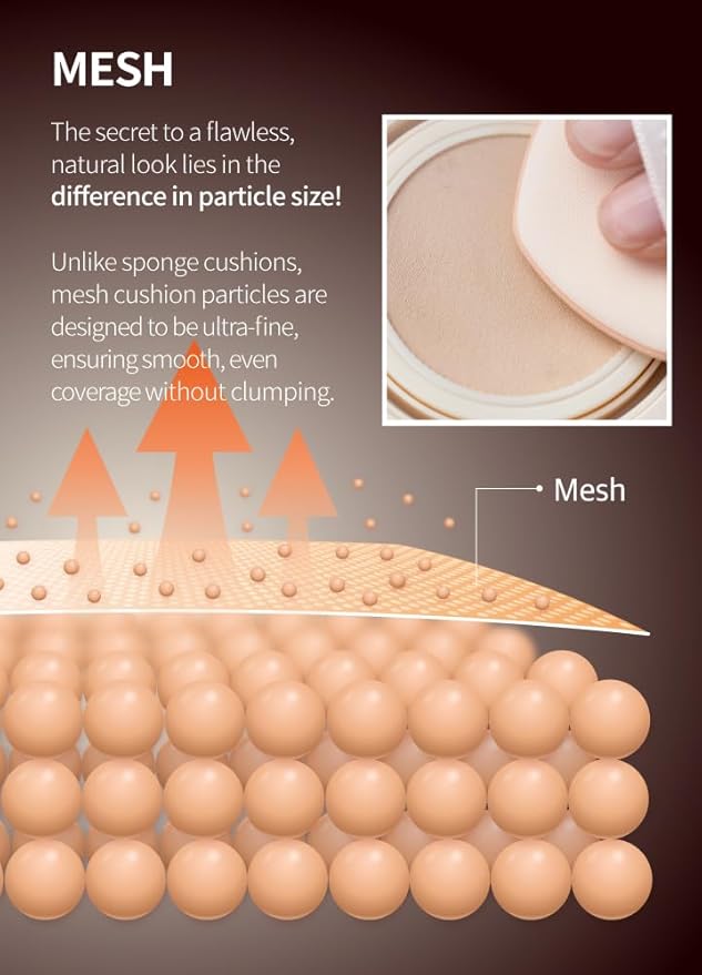 Mesh Tight up Cushion foundation 02 + Refile 02, Light Beige, Cushion foundation Korea, Natural coverage, glowing, dewy makeup, flawless coverage, 24hr long lasting, All skin type, cream foundation