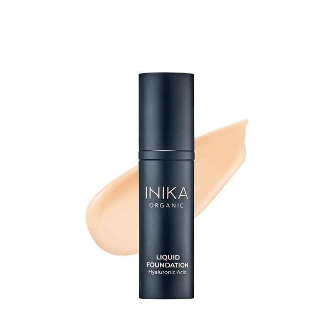 INIKA Organic Full Coverage Liquid Foundation Makeup with Hyaluronic Acid and Argan Oil, Vegan and Organic Foundation for Skin Elasticity and Plumpness, Natural Coverage, Cream, 30ml
