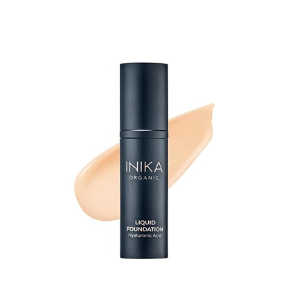 INIKA Organic Full Coverage Liquid Foundation Makeup with Hyaluronic Acid and Argan Oil, Vegan and Organic Foundation for Skin Elasticity and Plumpness, Natural Coverage, Cream, 30ml