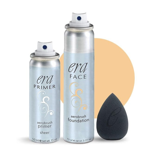 ERA Beauty Essentials Airbrush Makeup Collection (Era Face spray on Foundation - Y5 Wheat + Era Primer + Sponge)
