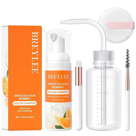 BREYLEE Eyelash Extension Cleanser, Lash Shampoo for Extensions, Lash Cleanser, Lash Bath, Lash Cleaner, Lash Cleaning Kit with Rinse Bottle+Brush+Pad for Professional & Self