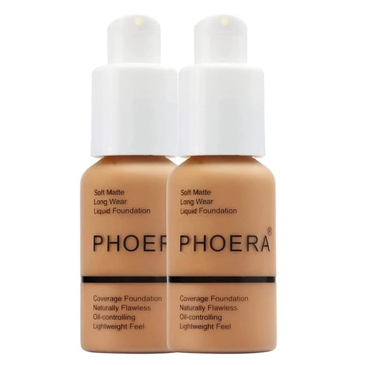 Phoera Foundation Full Coverage Makeup Set - 24hr Long Lasting Oil Control - Soft Smooth Matte Flawless Concealer Cream - Inc x2 30ml Foundation & Silicone Blender Sponge (106 Warm Sun)