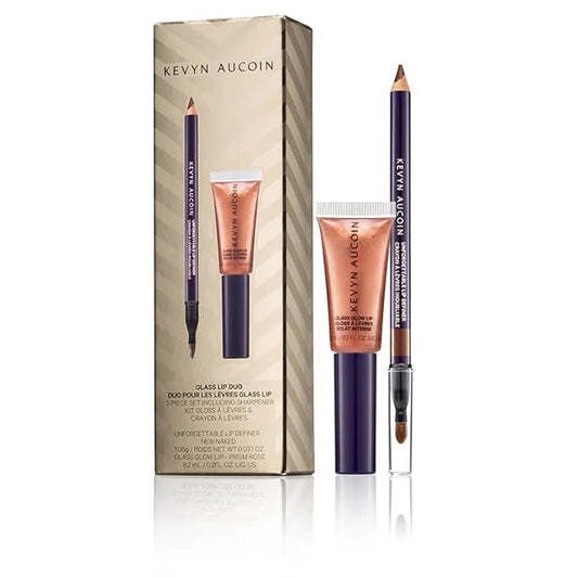Kevyn Aucoin Glass Lip Duo Set: New Naked Unforgettable Lip Definer (Long-wearing makeup lip liner. Water-resistant) plus Prism Rose Glass Glow Lip (Multi-purpose lip gloss highlighter).