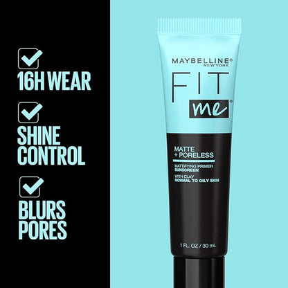 Maybelline New York Facestudio Lasting Fix Makeup Setting Spray, 3.4 fl. oz. and Fit Me Matte + Poreless Mattifying Face Primer Makeup With Sunscreen, SPF 20, 1 Count