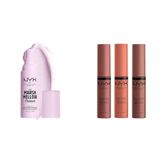 NYX PROFESSIONAL MAKEUP Marshmellow Smoothing Primer, Vegan Face Primer, 10-In-1 Skin Benefits & Butter Gloss Brown Sugar, Non-Sticky Lip Gloss - Pack Of 3