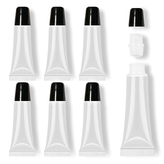 AMORIX 6PCS 10ml Lip Gloss Tubes Clear Empty Lip Balm Containers with Black Cap Refillable Soft Cosmetic Squeeze Tubes for Lip Gloss Base Glitter Pigment Powder.