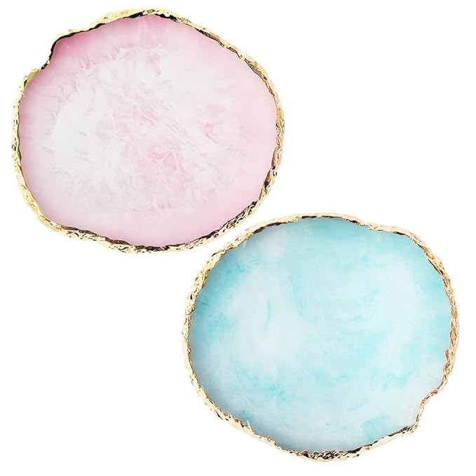 Resin Nail Art Palette, Nail Art Painting Mixed Color Palette Gold Edge Nail Gel Color Makeup Display Board (Pink+Blue)