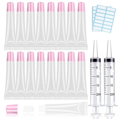 AMORIX 50PCS Lip Gloss Tubes 20ml Pink Cap Lip Gloss Containers Empty Lip Balm Tubes Refillable Cosmetic Squeeze Lipgloss Tubes + 2 x 20ml Syringes Tag Labels for DIY Lip Gloss Glitter