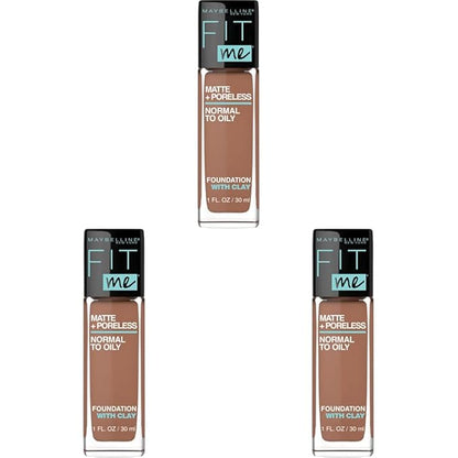 Maybelline Fit Me Matte + Poreless Liquid Foundation Makeup, Latte, 1 fl; oz; Oil-Free Foundation (Pack of 3)