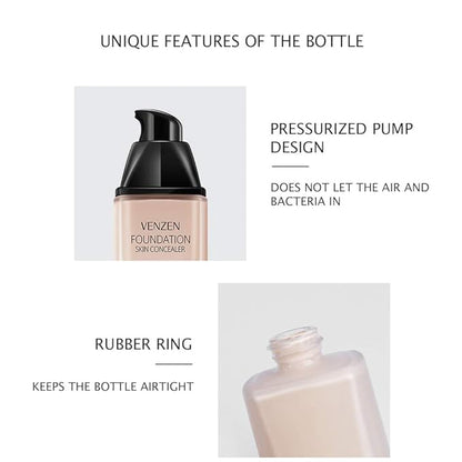 VENZEN Thin Light Concealer Liquid Foundation Waterproof Moisturizing Clear Naked Natural Long-Lasting Soft Texture Rubber Ring Delicate Colors (#02 IVORY (6778))