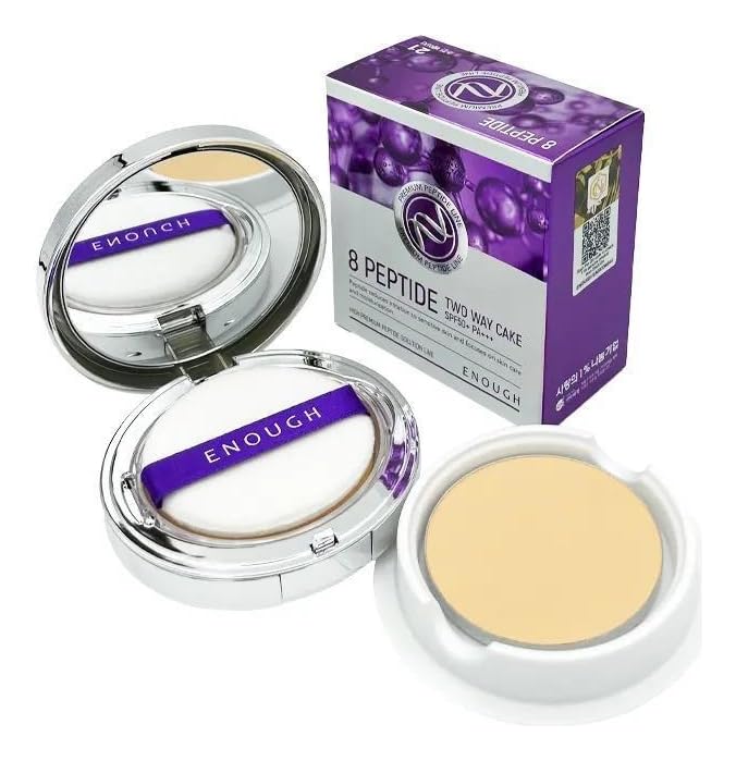 ENOUGH Premium 8 Peptide Two Way Cake SPF50, Korean Makeup Setting Powder Foundation, Face Powder with Collagen, Tattoo Cover Up - Refill Including (#21 Transparent Beige, 0.39 oz)