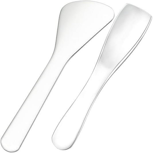 2pcs Mini Metal Makeup Spatula, Reusable Cosmetic Cream Spatulas Spoon, Skincare Scoop Applicator Facial Massage Beauty Tools for Mixing and Sampling Face Eye Cream- Silver