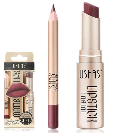 USHAS Lipstick and Lip Liner Combo Set 2 in 1 Waterproof Lipstick for Women Lip liner Set Long Lasting Lipstick, Matte Lipstick Pen with Lip Liner Set Makeup Kits (G1, Pack of 1)
