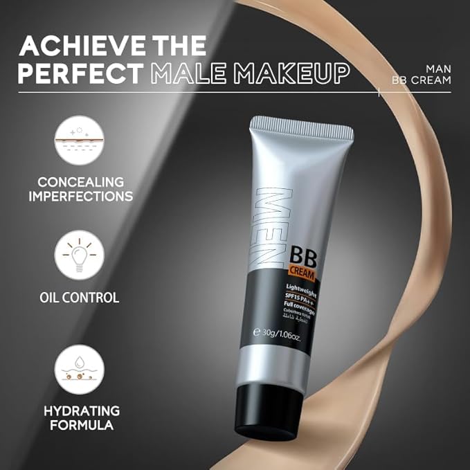 AKARY Hydrating Men BB Cream SPF 15 PA++, Full-Coverage Foundation&Concealer, Mens Face Moisturizer Cream Evens Skin Tone, Oil Control and Cover Flaws, Natural Finish for All Skin Types, Natural 240