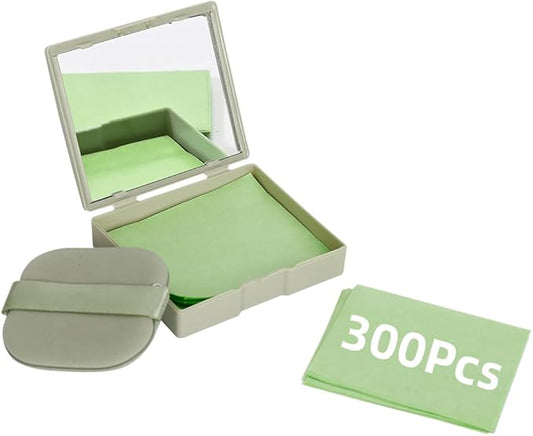 Oil Blotting Sheets - 300 PCS Face Oil Absorbing Sheets Natural Oil Control Film for Oily Skin with Mirror and Puff -Green