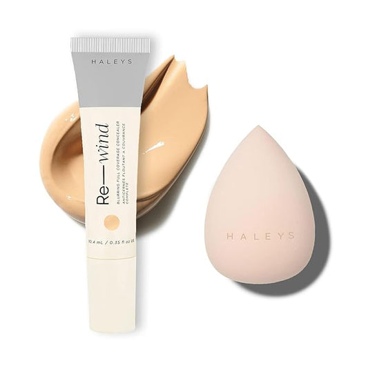HALEYS Full-Coverage Concealer Set (Medium-Warm): Re-wind Blurring Full Coverage Concealer, Brighten, Reduce dark circles and fine lines, Longwear, Lightweight, Re-mix Makeup Sponge, Smooths