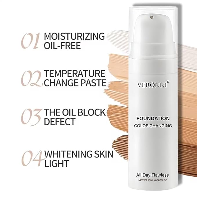 Color Changing Foundation 15ML, Liquid Makeup Colour Changing Full Coverage Flawless White Foundation with Conceale Long Lasting Moisturizing for All Skin Tones