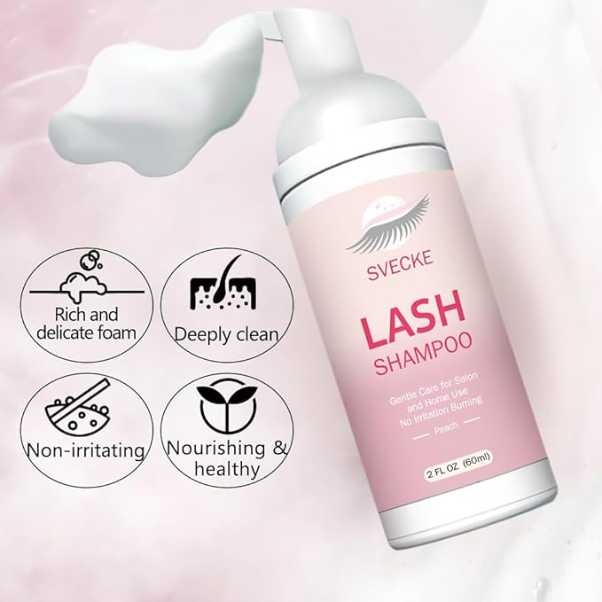 Lash Shampoo Kit for Eyelash Extension, Eyelash Shampoo 2 fl.oz / 60ml, Eyelash Extension Cleanser, Lash Eyelid Foam Cleaning Kit for Salon Use and Home Use (Peach)