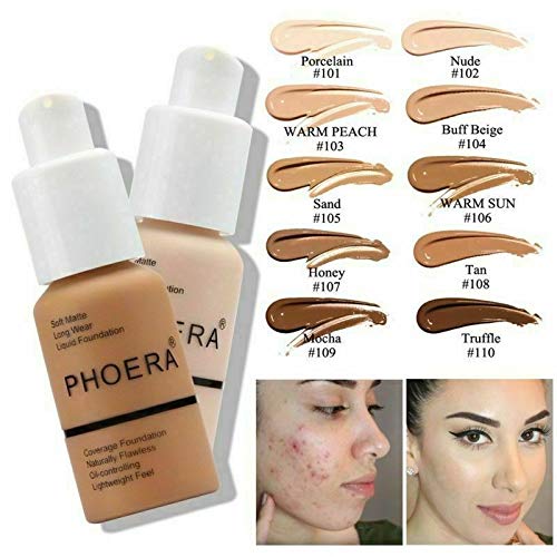 Phoera® Full Coverage Foundation Soft Matte Oil Control Concealer 30ml Flawless Cream Smooth Long Lasting (104 BUFF BEIGE)
