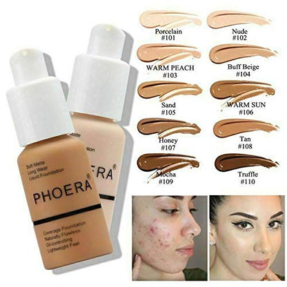 Phoera® Full Coverage Foundation Soft Matte Oil Control Concealer 30ml Flawless Cream Smooth Long Lasting (104 BUFF BEIGE)