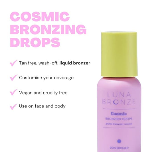 Cosmic Bronzing Drops | Lightweight, Hydrating & Washable Liquid Bronze Drops | Non-Greasy Formula Enriched with Sodium Hyaluronate & Shea Butter | Responsible Mica (30ml/1.01 fl. oz)