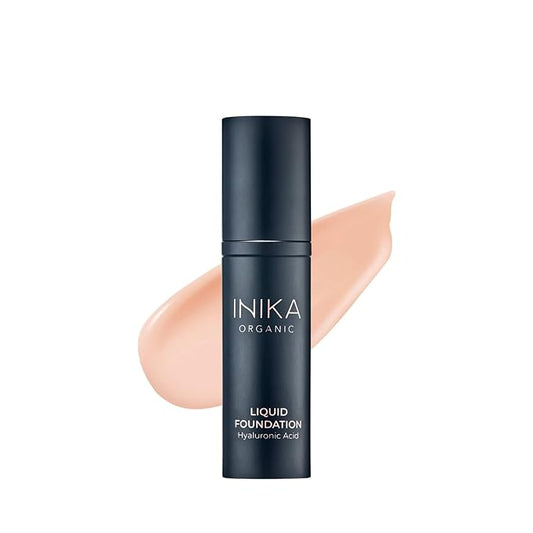 INIKA Organic Full Coverage Liquid Foundation Makeup with Hyaluronic Acid and Argan Oil, Vegan and Organic Foundation for Skin Elasticity and Plumpness, Natural Coverage, Porcelain, 30ml