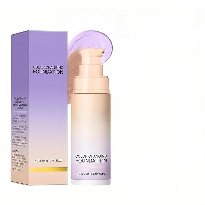 MAEPEOR Color Changing Foundation 4 Colors Lightweight Non-Greasy Hydrating Color Correcting CC Cream with Centella, Skin Corrector Foundation for Dull Skin Tone (02 Purple)