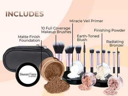 16pc STARTER KIT with 10 BRUSHES SET (COCOA) Mineral Makeup Bare Face Loose Powder Includes Matte Foundation, Veil Primer, Blush, Bronzer, Translucent Finishing Setting Powder SPF 30 Travel Size