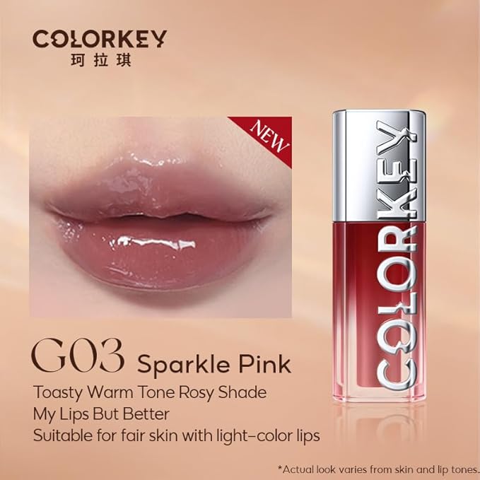 COLORKEY 3D Plump Oil Lip Gloss, High-shine Finish, Lip Tint, Moisturizing, Non-Sticky, Clear and Natural, Glassy Shine(G03 Sparkle Pink, 3ml)