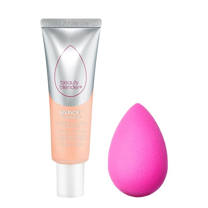 Beautyblender Bounce Liquid Whip Long Wear Foundation (1.60 W Light Peach) & Original Pink Beauty Blender Makeup Sponge Bundle