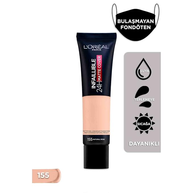 L'Oreal Paris Cover Liquid Foundation, With 4% Niacinamide, Long Lasting, Natural Finish, Available In 20 Shades, Spf 25, Infallible 32H Matte Cover, Shade 155, 30Ml
