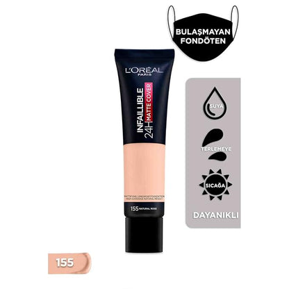 L'Oreal Paris Cover Liquid Foundation, With 4% Niacinamide, Long Lasting, Natural Finish, Available In 20 Shades, Spf 25, Infallible 32H Matte Cover, Shade 155, 30Ml