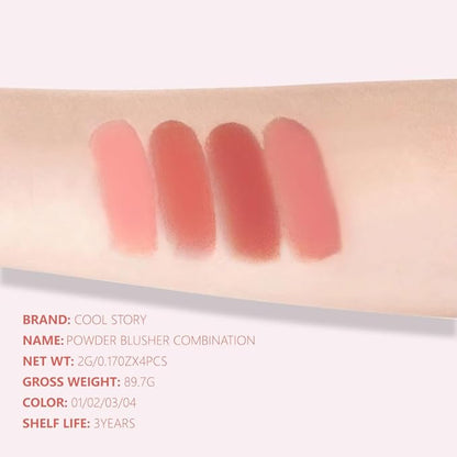 4 Color Matte Blush Palette - Buildable, Long-Lasting Pressed Powder Blusher with Brush, Cruelty-Free, Vegan, Compact Design for a Bright, Healthy Glow, Gift Set for Women