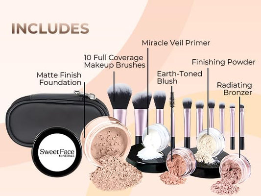 16pc STARTER KIT with 10 BRUSHES SET (LIGHT) Mineral Makeup Bare Face Loose Powder Includes Matte Foundation, Veil Primer, Blush, Bronzer, Translucent Finishing Setting Powder SPF 30 Travel Size