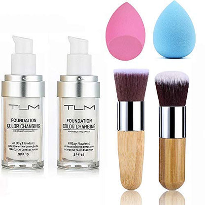 2pcs TLM Color Changing Foundation Liquid with 2 Brushes and 2 Cosmetics Sponge + Champagne Gold Face Body Glitter Liquid Highlighter Illuminator Dewy Drops with Makeup Brush