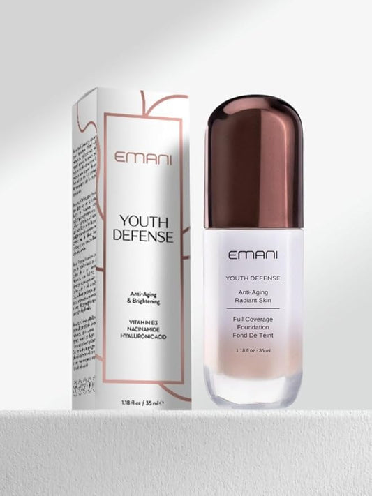 Emani Youth Defense Foundation with Hyaluronic Acid - Anti-Aging, Full Coverage - Protects Face and Brightens Skin Discoloration, Light