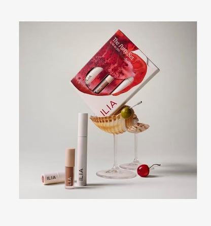 ILIA The Party Set, a limited edition trio with holiday-ready essentials for eyes, cheeks, and lips, including a full-size Limited Lash Mascara